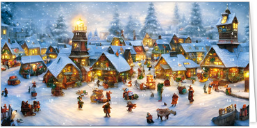 Eine Adventkarte mit einem verschneiten Weihnachtsdorf und Leuchtturm