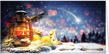 Eine Adventkarte mit einer funkelnden Laterne und einer Sternschnuppe am Himmel