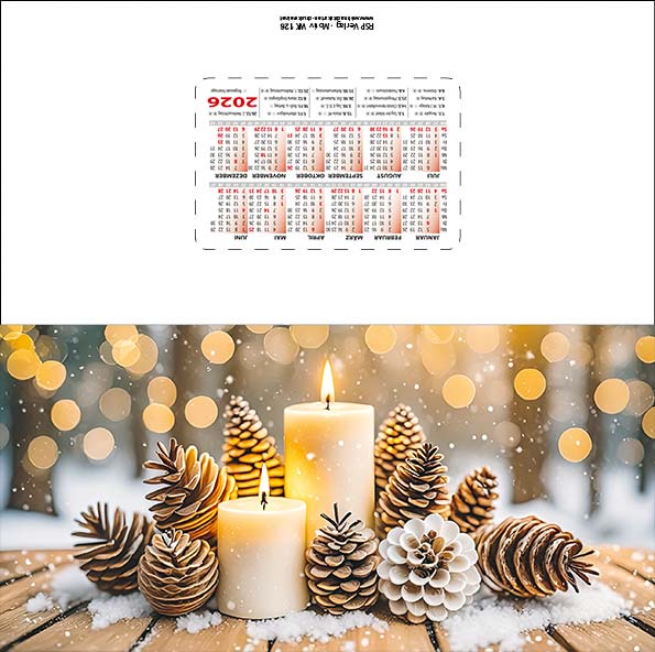 Frontale Ansicht einer Weihnachtskarte mit ausbrechbarem Kalender für Firmen 2025