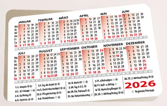 Detailansicht des Scheckkartenkalenders auf der Rückseite der Weihnachtskarte 