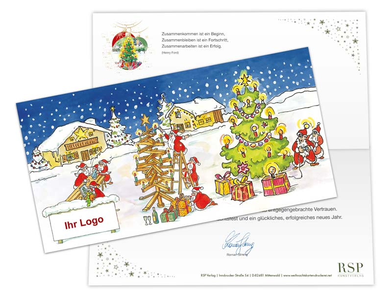 Weihnachtskarten-Motiv Branchenkarten - Zwei Wichtel massieren einen verspannten Kunden