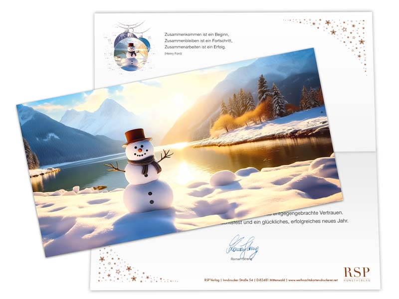 Weihnachtskarten-Motiv mit schneebedeckter Hütte