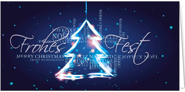 2025 für Firmen | Kategorie Blaue Impressionen | Motiv: Wortwolke mit Glitzerbaum - Artikel Nummer 11692