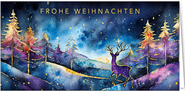 2025 für Firmen | Kategorie - Weihnachts Aquarelle - | Motiv: Stolzer Hirsch im Zauberwald - Artikel Nummer 11830