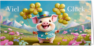 2025 Glückwunschkarten (Grusskarten)  - Programm 2025 | Motiv: Fröhliches Glücksschweinchen - Artikel Nummer 28012
