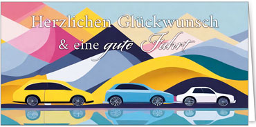 2025 Glückwunschkarten (Grusskarten) für die KFZ Branche - Programm 2025 | Motiv: Farbenfrohe Ausfahrt - Artikel Nummer 29012