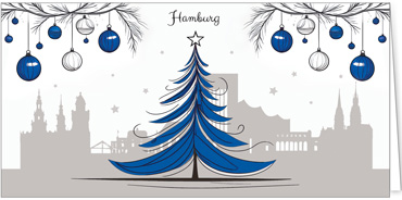 2025 für Firmen | Kategorie Städte Karten | Motiv: Hamburg mit Weihnachtsbaum in Blau - Artikel Nummer 31361