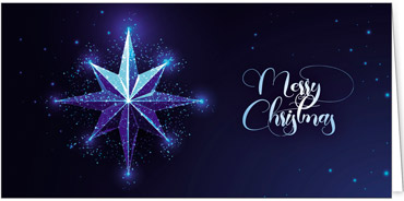 Eine Silberkarte mit einem glitzernden Stern und einem verschnörkelten Schriftzug Merry Christmas