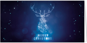 Eine Silberkarte mit einer Sternensilhouette eines Rentiers umgeben von funkelnden Bokehlichtern