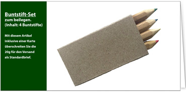 2025 für Firmen | Kategorie Ausmalkarten | Motiv: Buntstift-Set (Inhalt: 4 Buntstifte) <br/>Achtung:<br/>die Kuvert Optionen sind <br/>für diesen Artikel nicht gültig.<br/>Der Artikel wird ohne Kuverts geliefert! - Artikel Nummer 91100