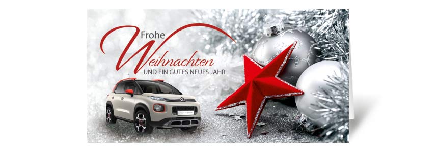 Weihnachtskarte mit Automarke und Automodell