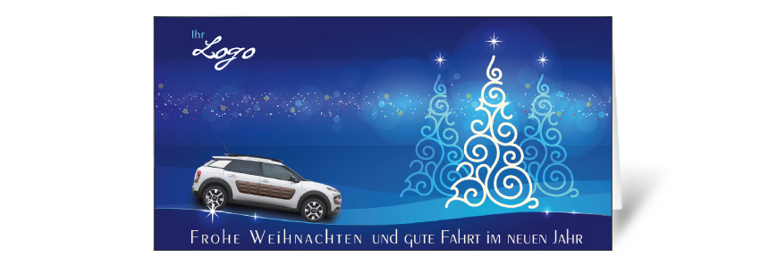 Weihnachtskarte mit Automarke und Automodell
